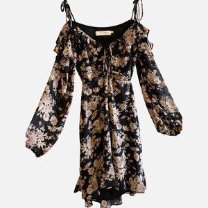 ASTR The Label black and crea Floral Long Sleeve Cold Shoulder Mini Dress Size S